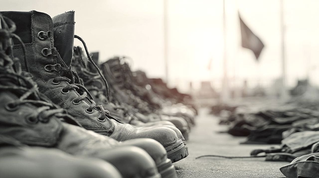 Rows of empty polished combat boots and folded uniforms arranged on an empty military parade ground at dawn, a flag at half-mast beyond.