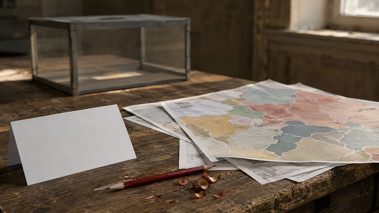 A blank folded ballot, unlabeled district maps, a red pencil and eraser shavings lie on a wooden election-office table.