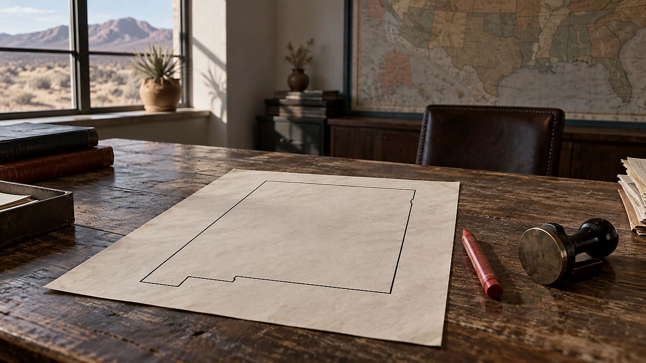 A plain road map of New Mexico rests beneath a capped red marker on an empty government desk.