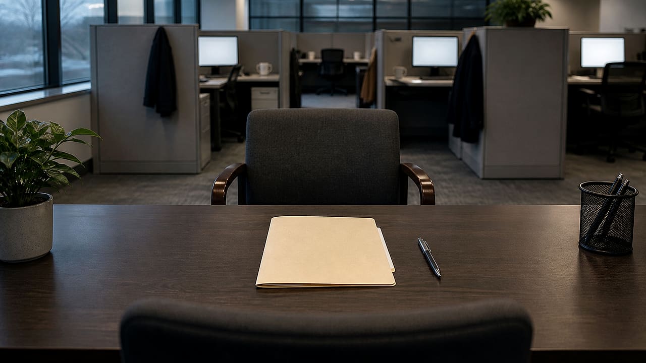 An empty visitor chair faces a closed hiring folder across a quiet office desk while occupied cubicles glow in the background.