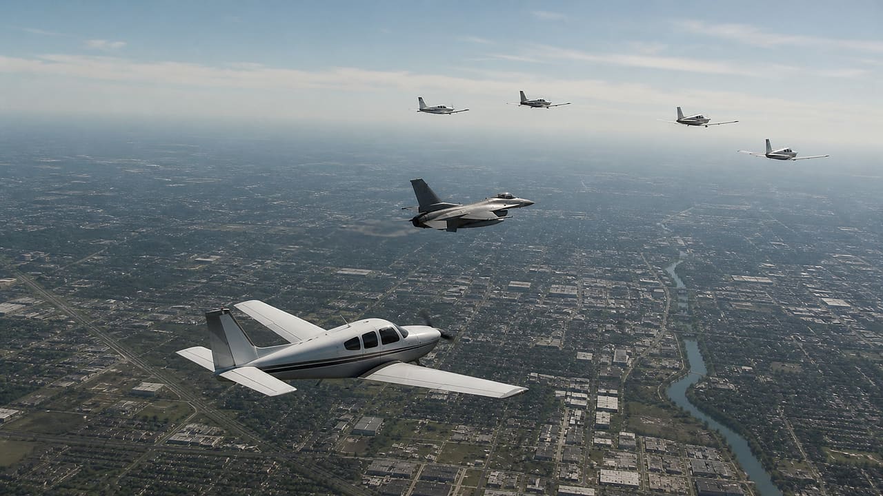 A small propeller plane follows an F-16 away from a glowing circular airspace boundary above a sprawling city, with four distant planes turning behind it.
