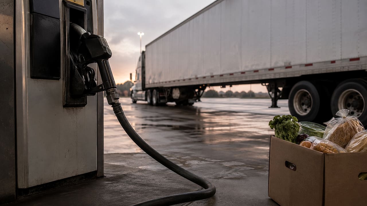An unmarked diesel pump stands beside a plain freight trailer and a grocery delivery crate at dawn.