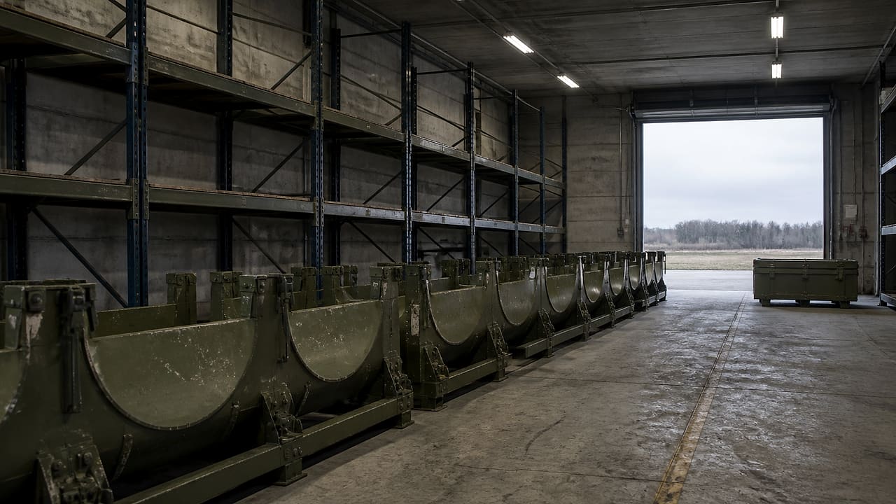 Empty olive-drab missile transport cradles line a quiet European military warehouse with its loading door open.