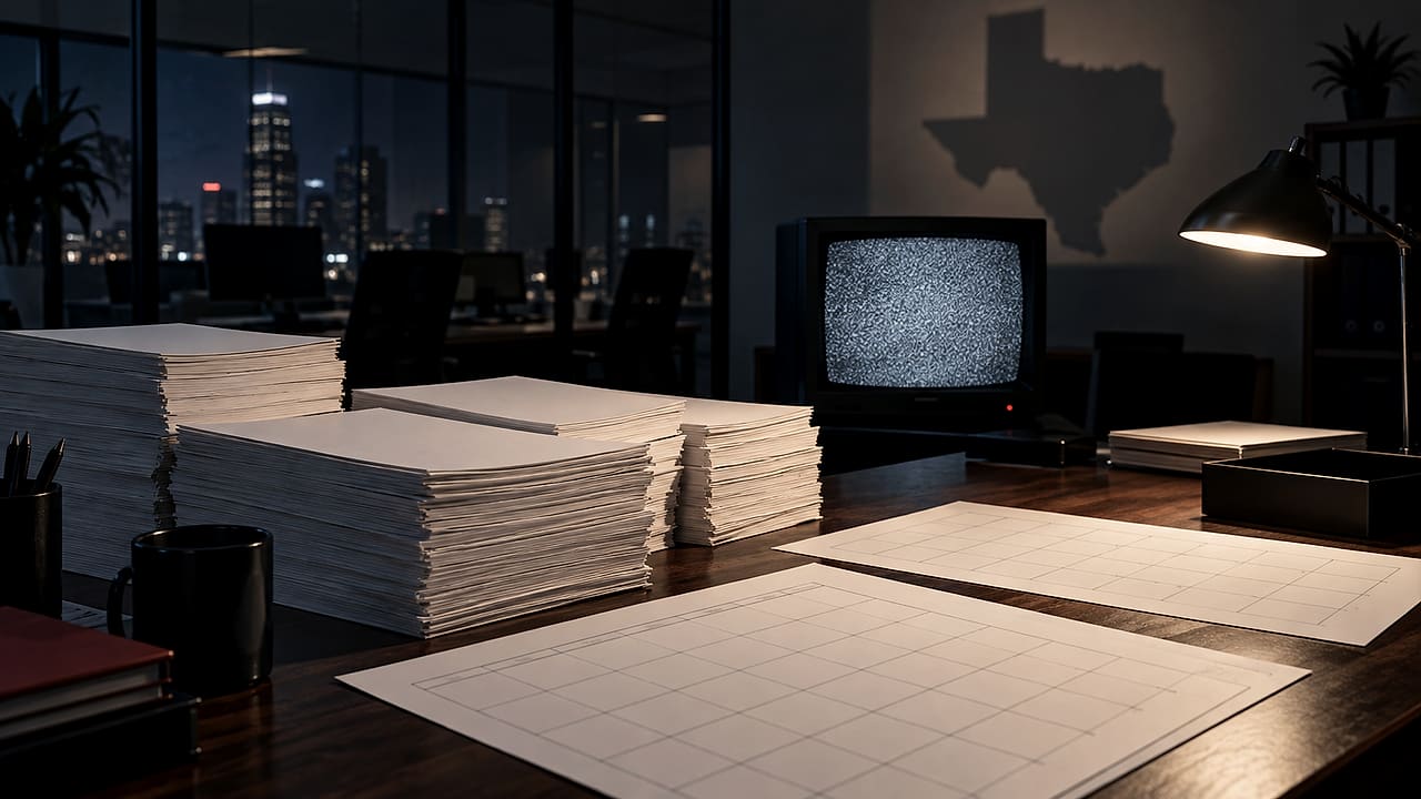 Stacks of blank television advertising orders cover a media-buying desk beneath a Texas-shaped wall shadow.