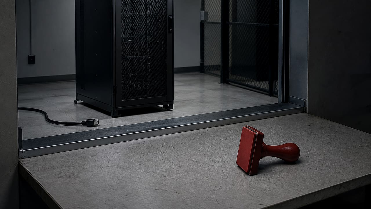 A disconnected server rack sits behind a government security barrier with a blank red rejection stamp on the desk in front.