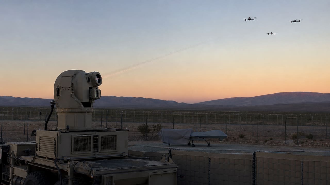 A military laser turret tracks three small dark drones above a desert border while a fourth government-gray drone rests behind a safety barrier.