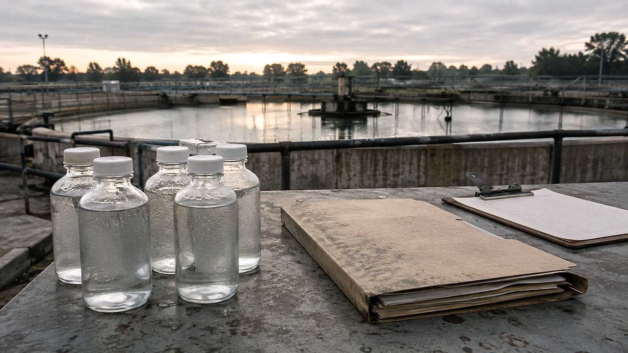 Clear sample bottles wait beside a dusty unopened government review folder at an industrial wastewater basin.