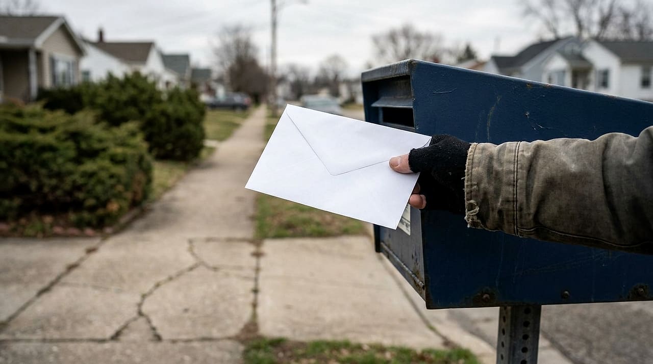 A gloved hand slides a plain white envelope into the slot of a blue curbside mailbox on a quiet suburban street.