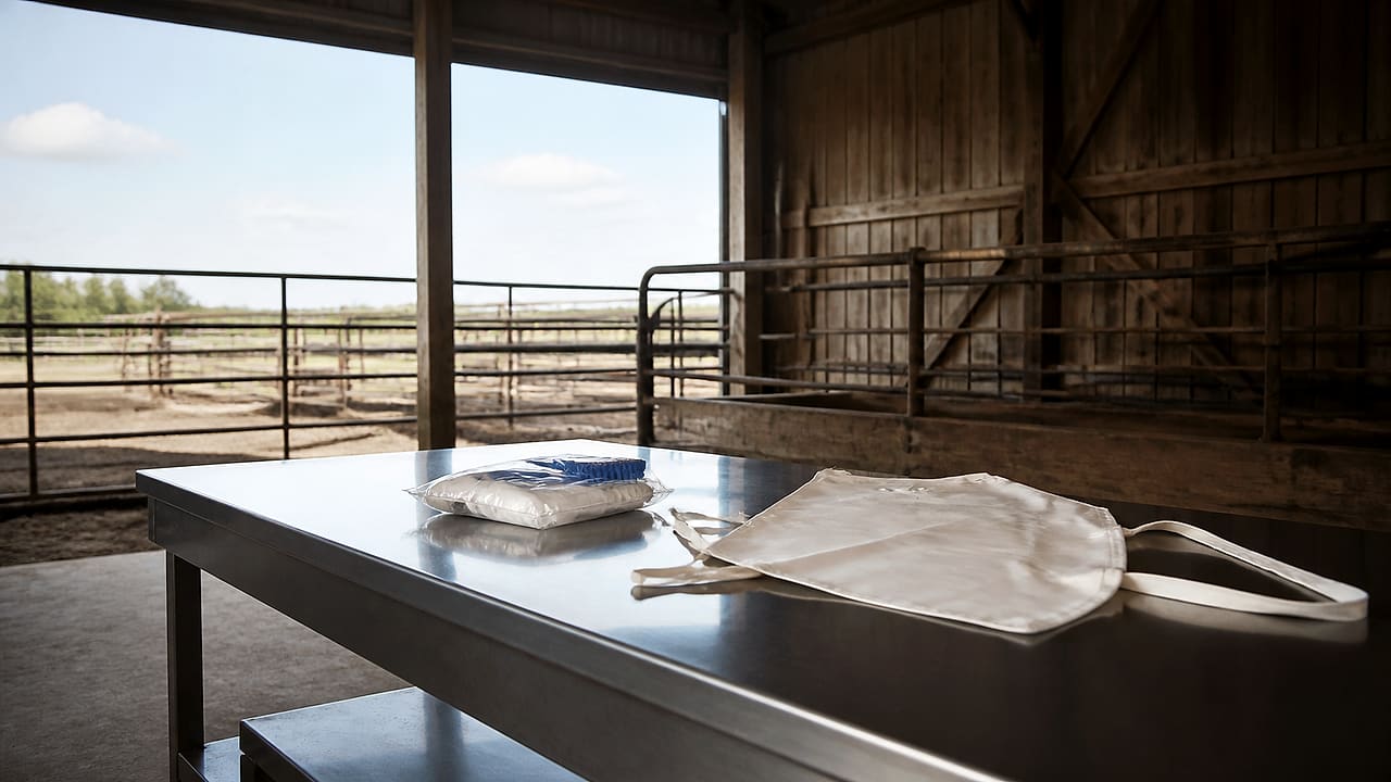 A spotless stainless processing table and unopened sanitation equipment sit inside a rustic cattle barn with empty pens visible outside.