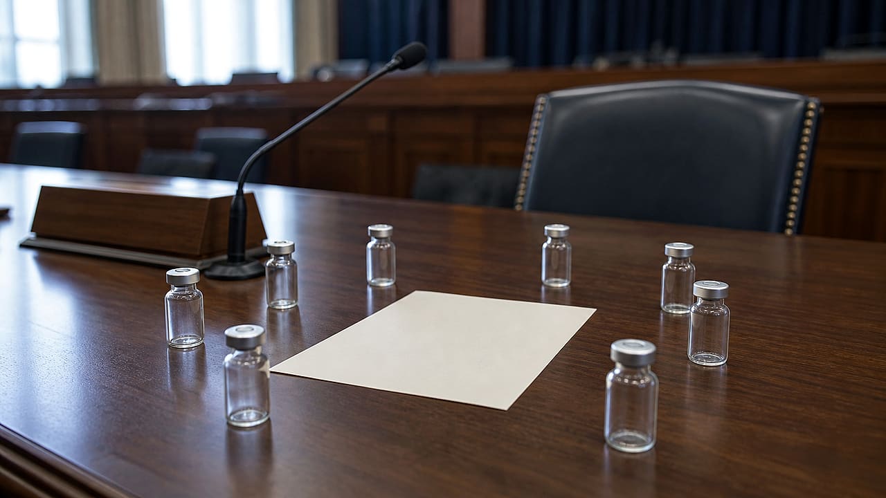 Eight blank medicine vials surround an unsigned letter at an empty government hearing table.