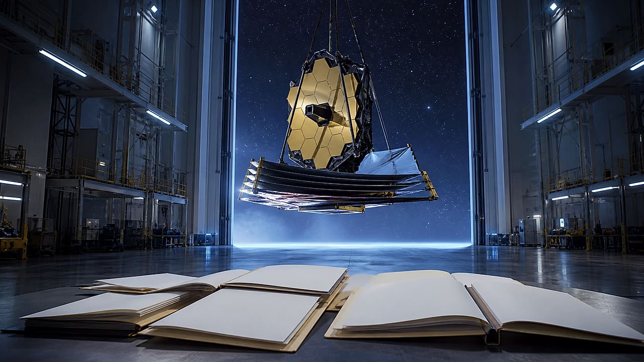 An unmarked space telescope rises above opened blank budget folders in a dark launch integration bay.