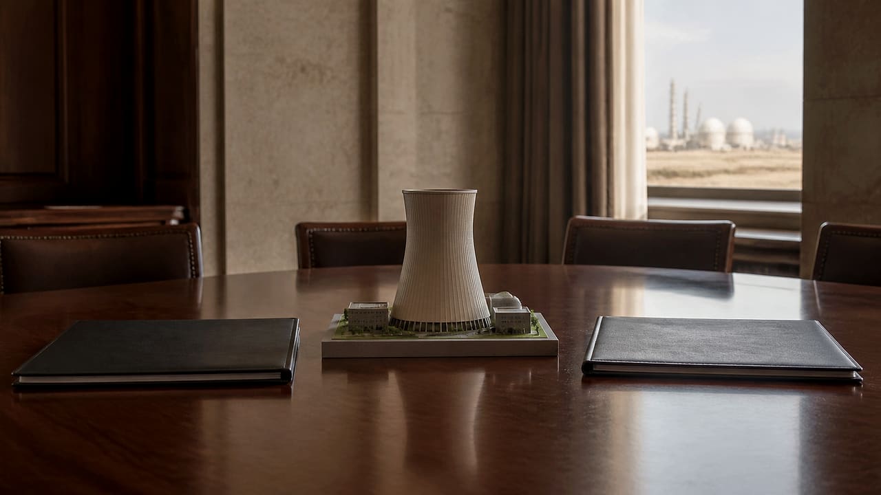 A scale model of a nuclear cooling tower sits on a polished conference table beside two closed blank document folders.