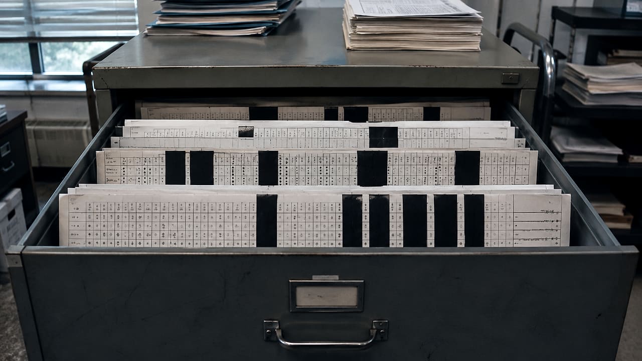 Rows of school survey forms sit inside a gray filing drawer with several data columns covered by opaque black strips.