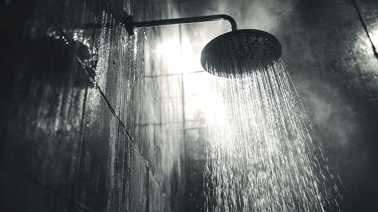 An oversized chrome showerhead unleashing a powerful torrent of water in a steamy tiled bathroom.