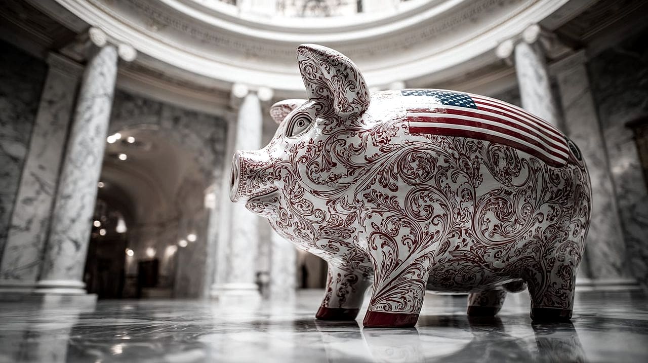 A colossal ceramic piggy bank draped with a small American flag standing alone in a grand marble government rotunda.