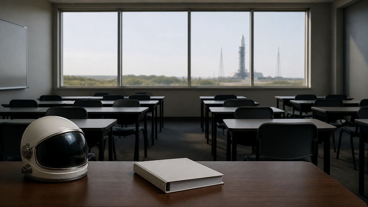 An empty institutional classroom holds a blank report binder and an unmarked space helmet with a distant launch pad outside.