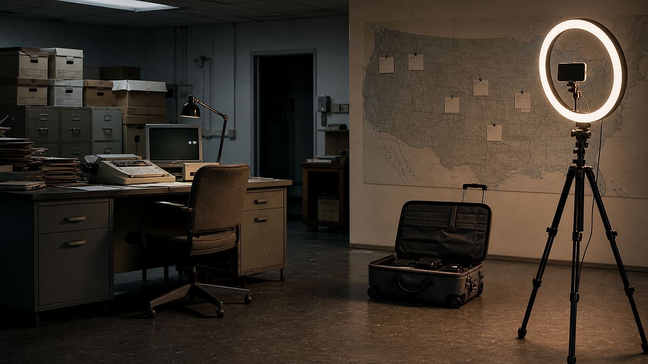 An abandoned government analysis desk faces a newly installed ring light, phone tripod and open travel case beside a map with blank pins.