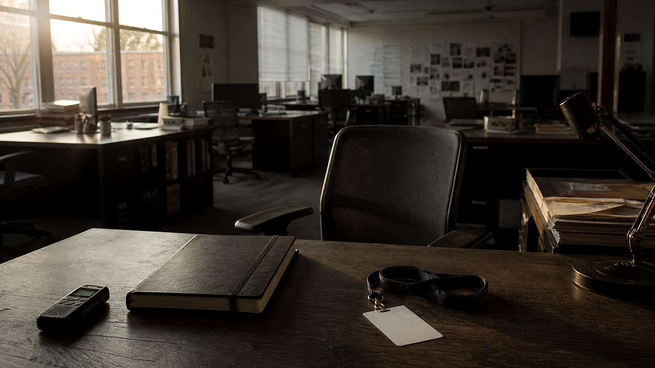 An empty chair faces a quiet university newsroom desk holding a closed notebook, recorder, and blank press badge.