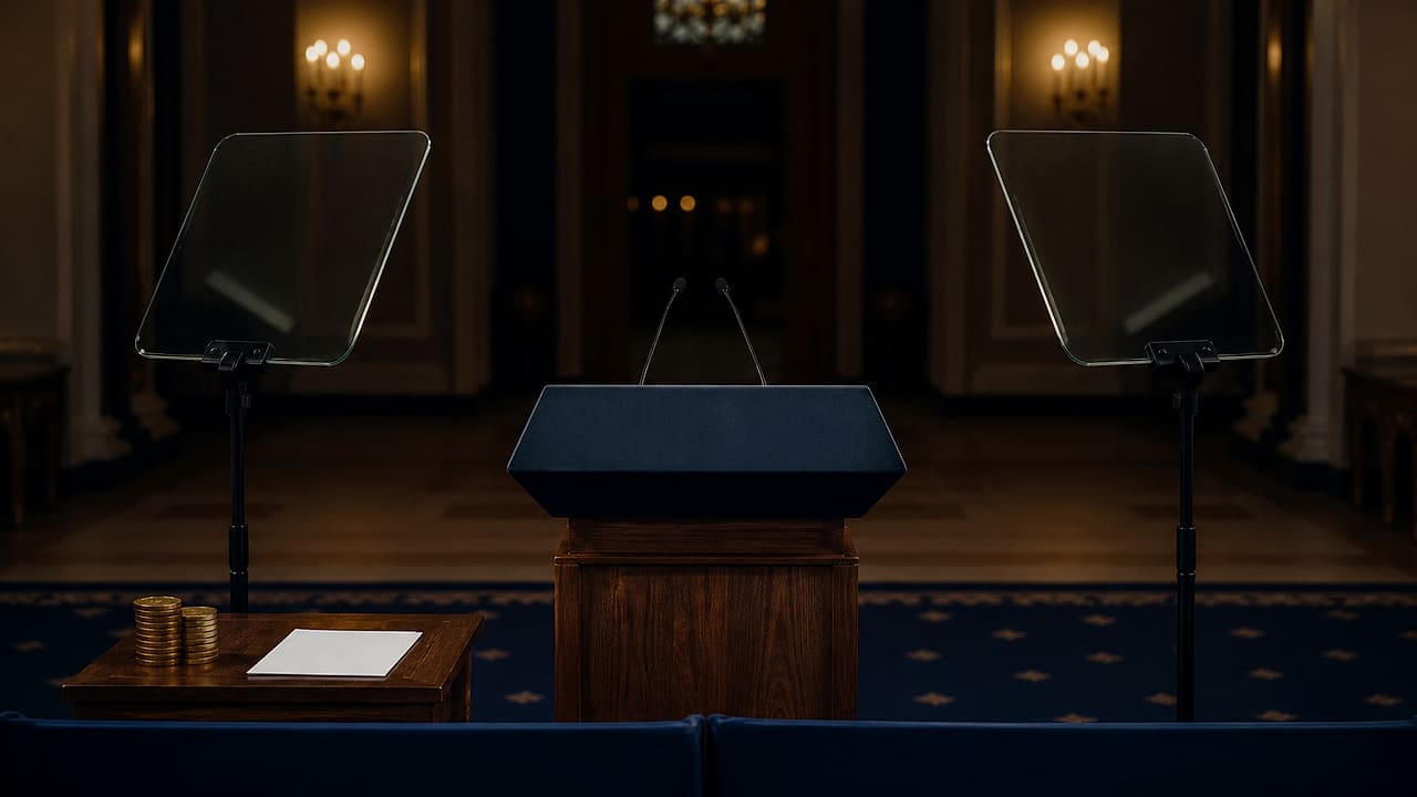 An empty lectern stands between blank teleprompter glass panels beside an unmarked betting slip and brass tokens.