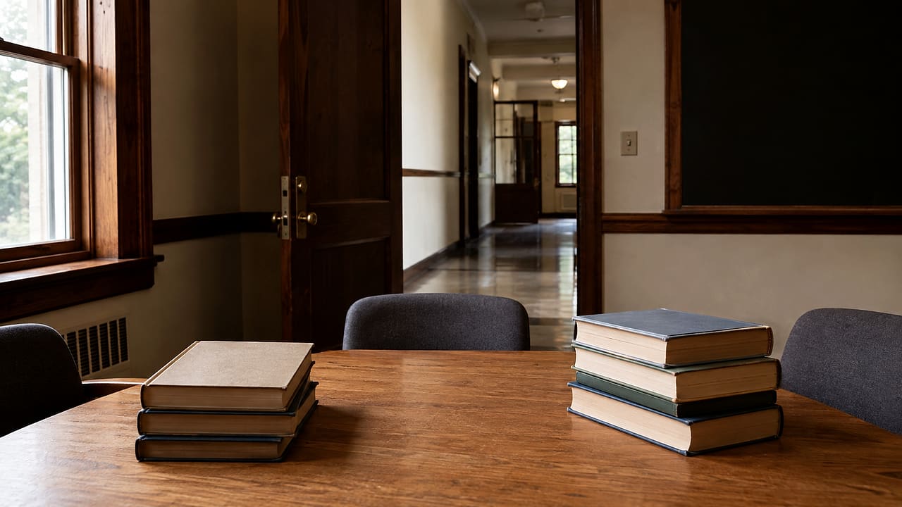 Unmarked books sit in separate stacks on a table in an empty university seminar room.