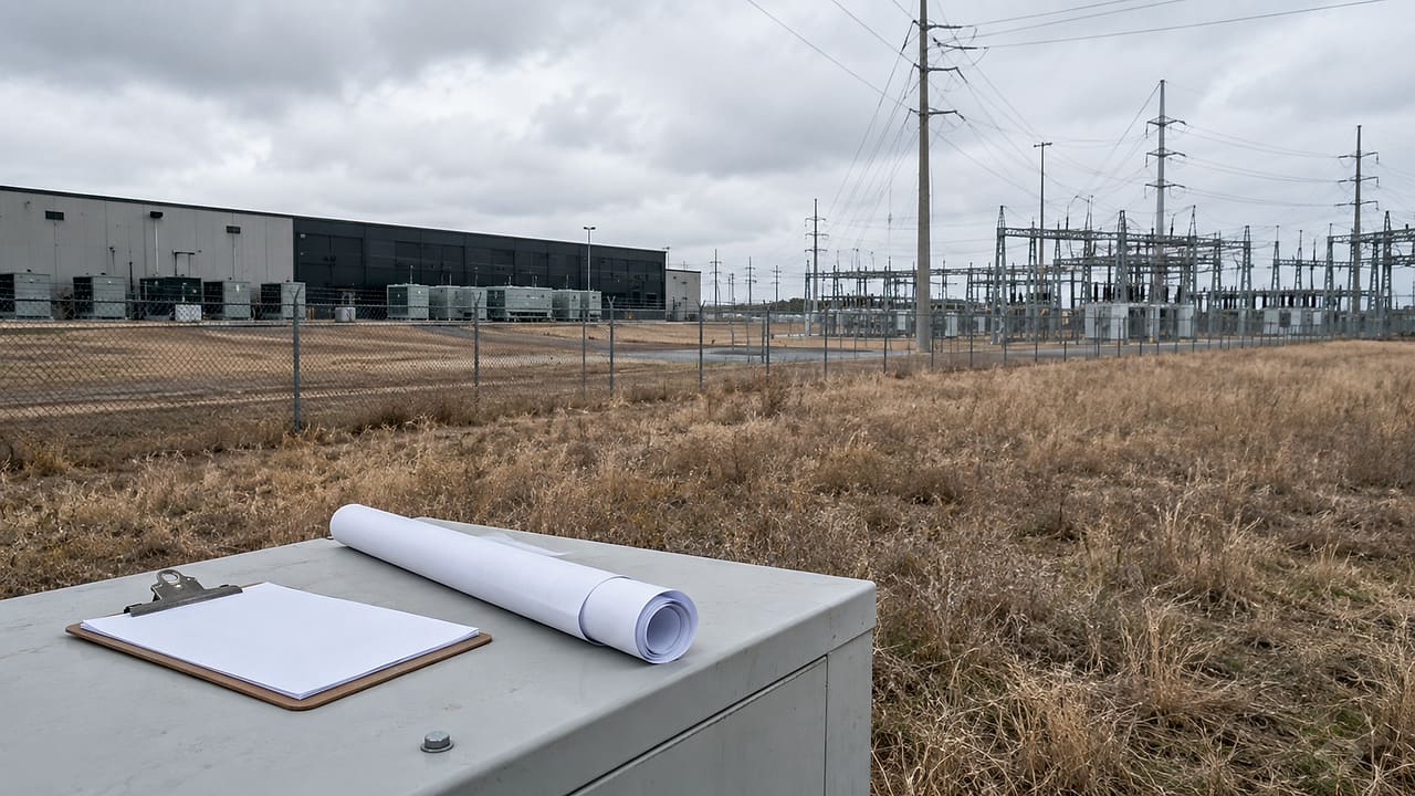 Blank plans and a clipboard sit on a utility cabinet outside an anonymous data center and electrical substation.