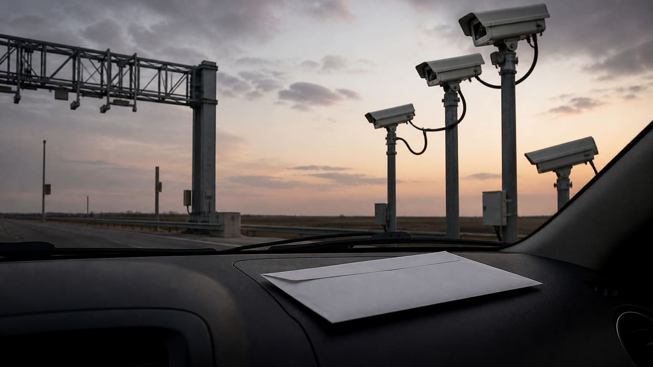 Four anonymous roadside surveillance cameras face an empty highway through a windshield with a blank insurance envelope on the dashboard.