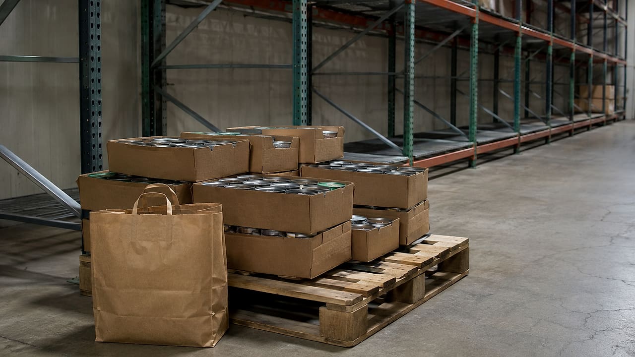 Plain boxes of canned food and an unmarked grocery bag sit on a pallet before mostly empty food-bank shelving.