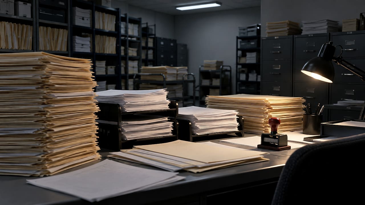 Stacks of blank benefit application folders wait in office trays beside an idle date stamp.