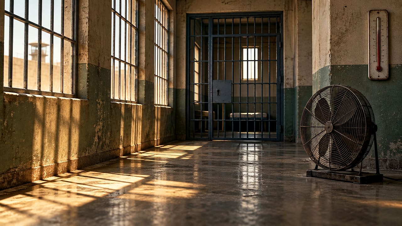 A locked cell door stands beside an industrial fan and a wall thermometer in a concrete prison corridor.