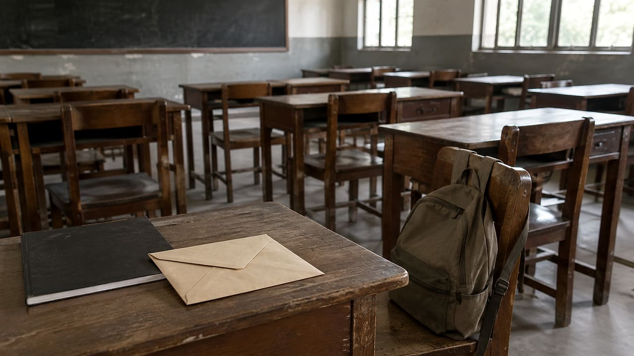 A plain envelope and closed notebook rest on a worn classroom desk beside a canvas backpack.
