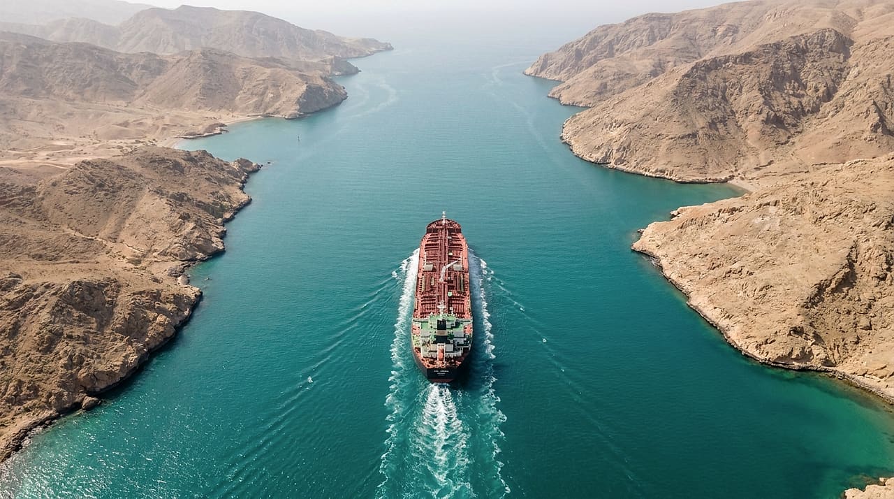 An aerial view of a large oil tanker moving through a narrow strait between arid mountains.