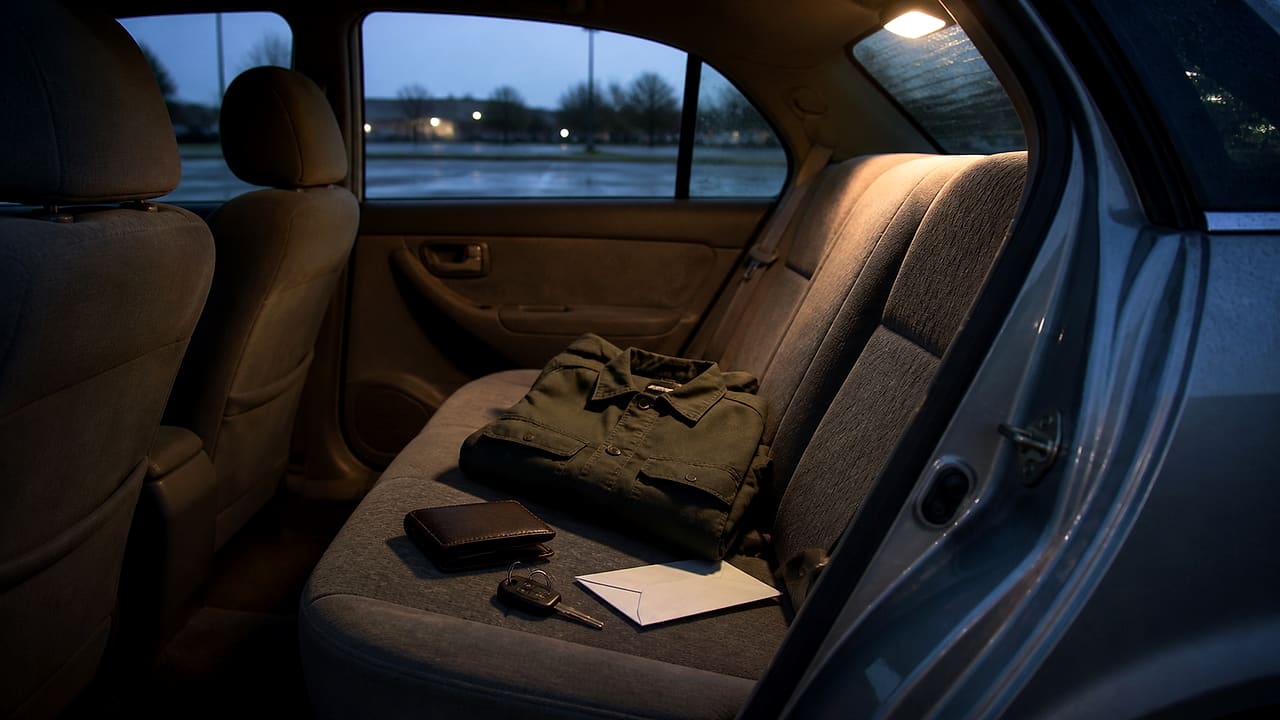 A folded anonymous military uniform rests beside an empty wallet and car keys on the back seat of a parked sedan.