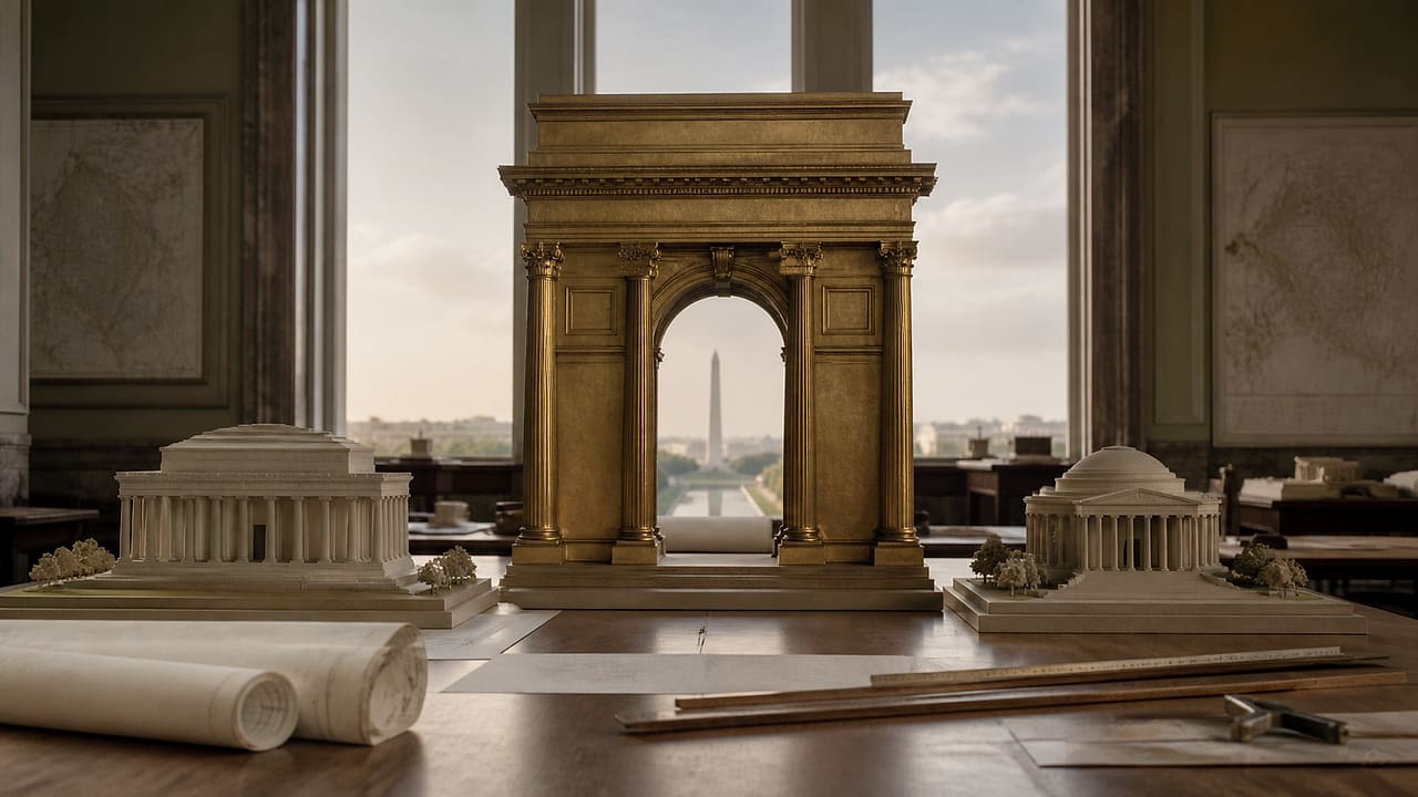 A towering gilded arch model blocks the aligned view between small stone monument models on a federal planning table.