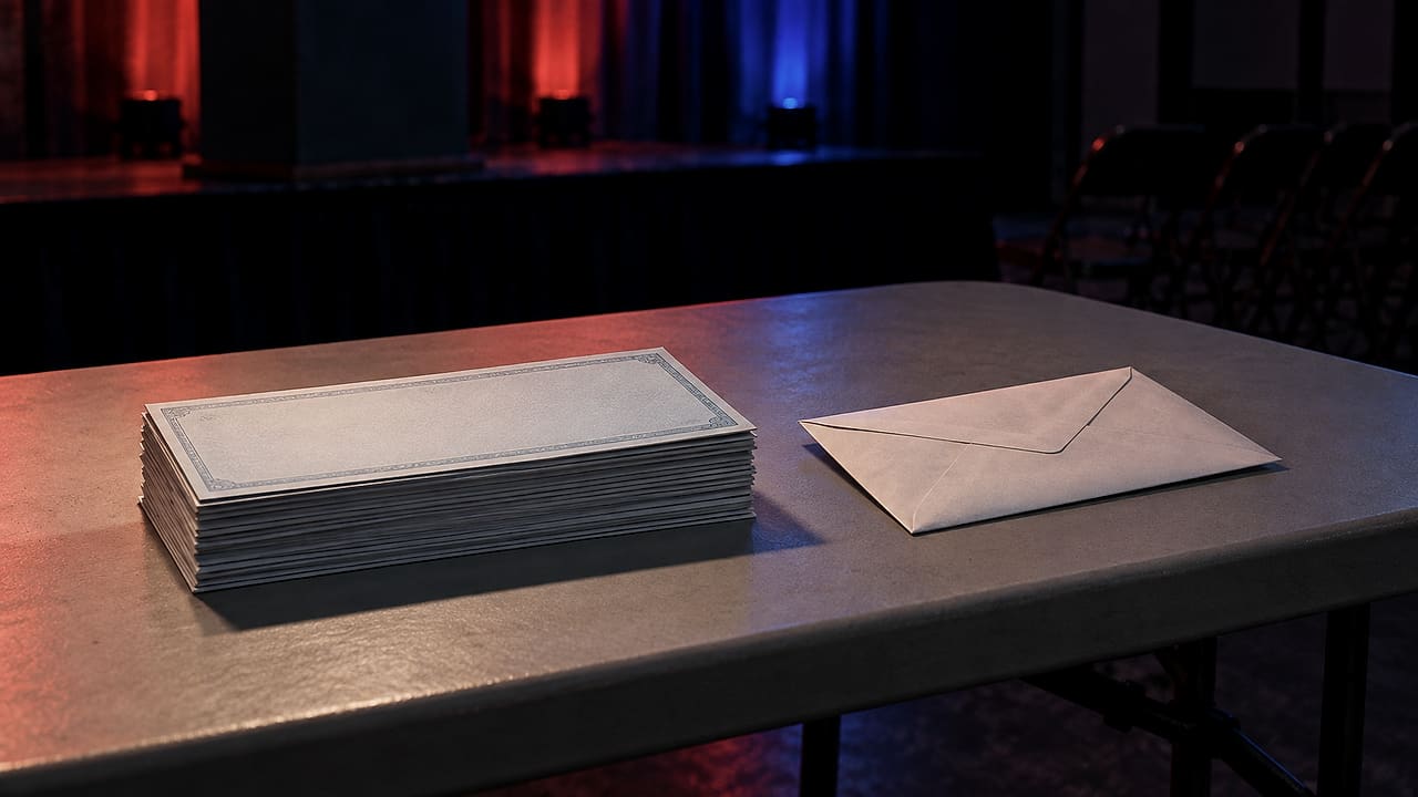 Blank government checks and an unmarked ballot envelope rest on a convention table beneath red and blue stage lights.