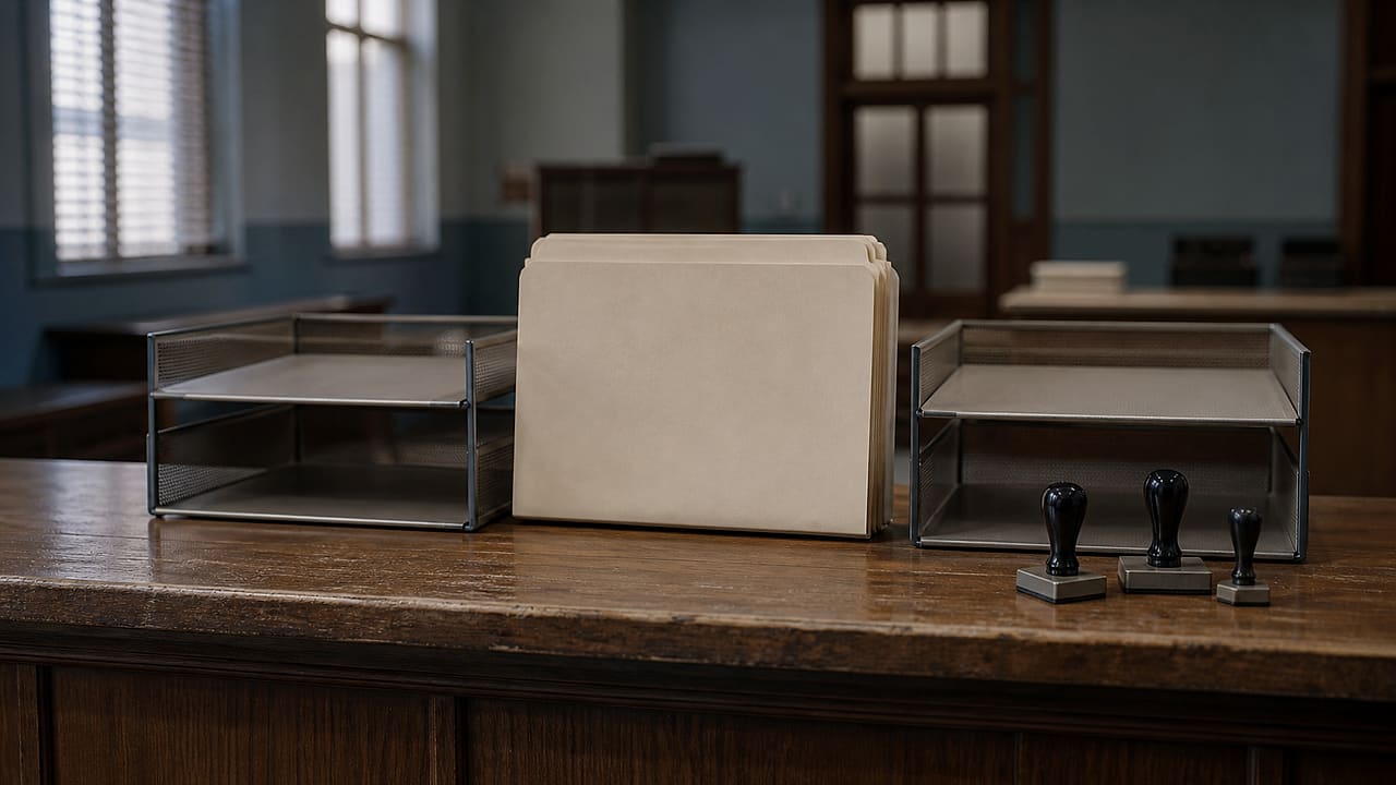 A thick court file rests between state and federal document trays beside three unused rubber stamps in an empty clerk's office.