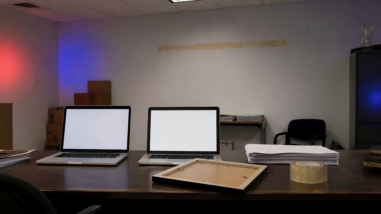 An empty campaign office desk shows two blank laptop screens beside a removed picture frame and a roll of packing tape.