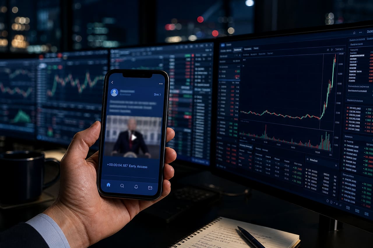 A smartphone showing an early-access social post beside financial-market charts on a dark trading desk.