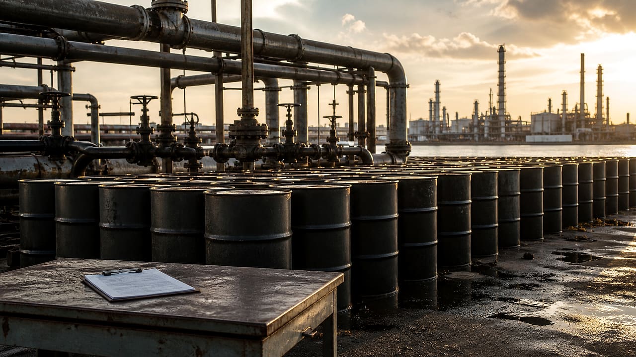 Rows of unmarked oil drums stand beneath pipeline valves at a tropical coastal terminal while an empty inspection desk faces the facility.