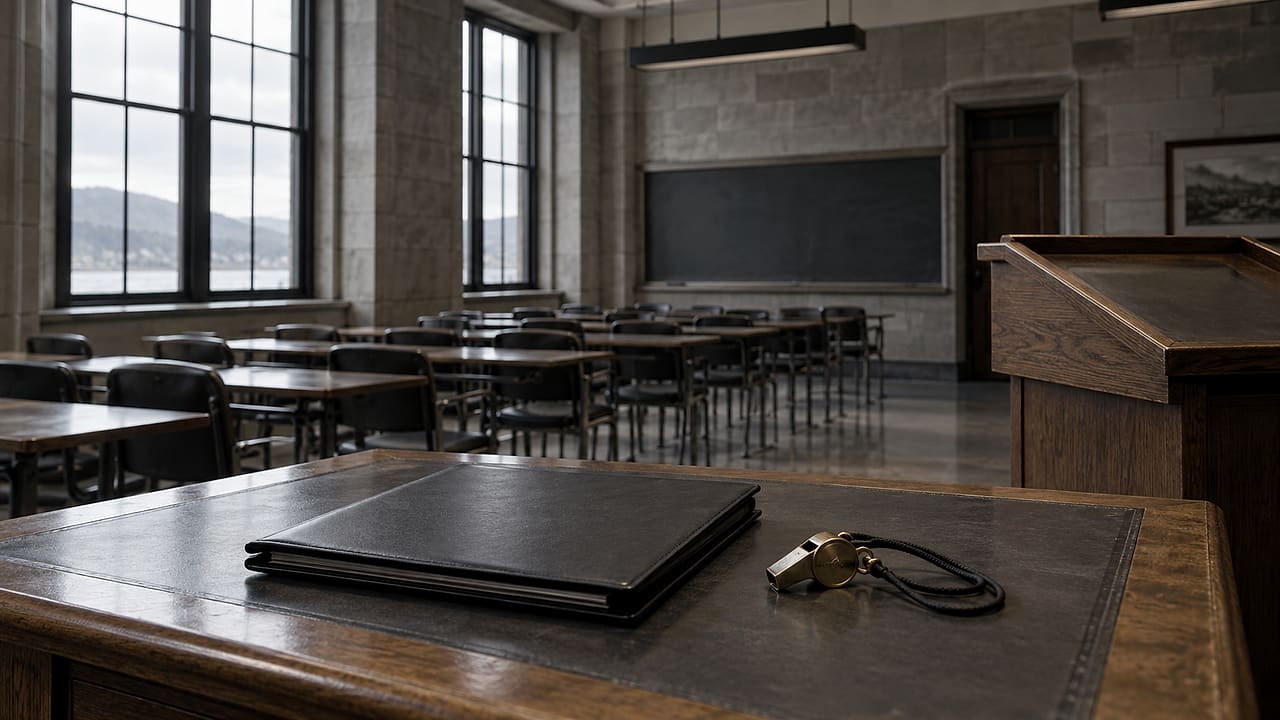 An empty military academy classroom holds a closed lecture folder beside a brass whistle and rows of vacant desks.