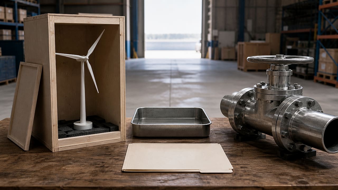 A boxed miniature wind turbine sits beside a heavy gas-pipeline valve and an open empty transfer tray on a government warehouse table.