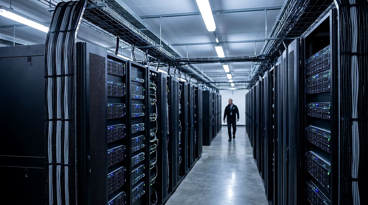 A lone figure walks down the central aisle of a data center lined with tall server racks and status lights.