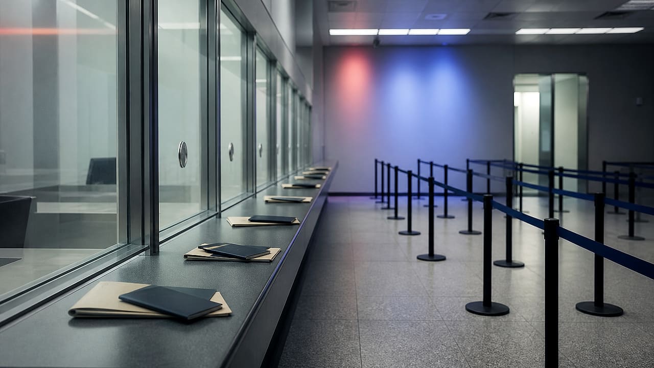 Empty consular interview windows stand behind queue ropes with plain passports and folders waiting on a counter.