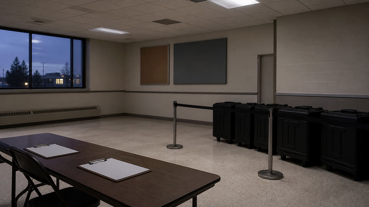 An empty rural polling room contains sealed voting-machine cases, two visitor clipboards, and a rope barrier beneath fluorescent lights.